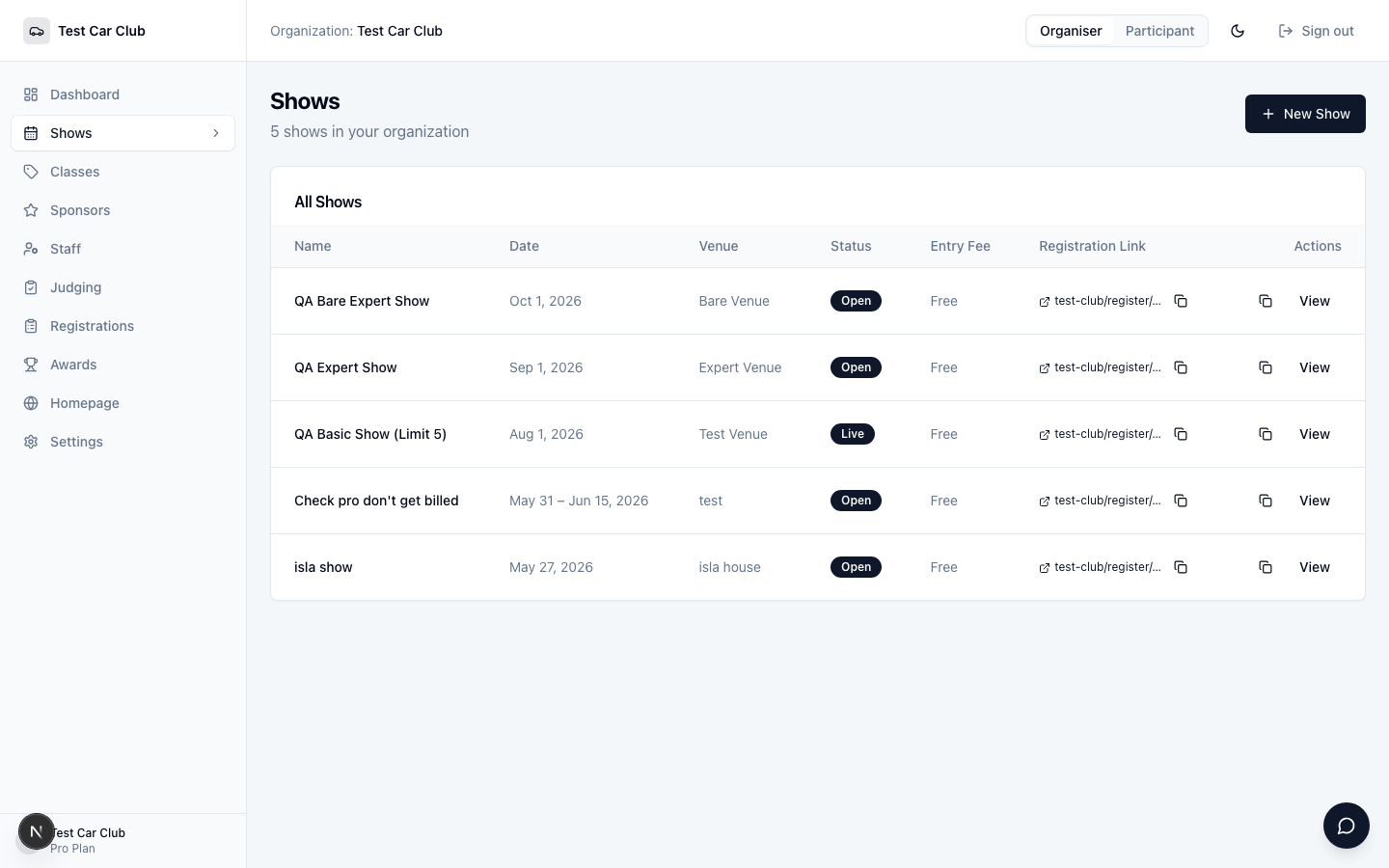 Organiser Dashboard