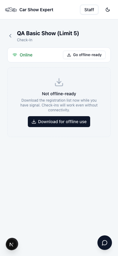 Check-in screen on a phone showing the Online status and the Download for offline use button before the entry list is cached