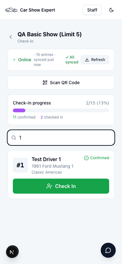 Check-in screen with a search for car number 1 showing Test Driver 1's confirmed registration and a green Check In button