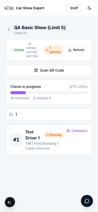 Check-in screen a moment later, showing Test Driver 1's status flipped to Checked In and the check-in progress bar updated to 3 of 15