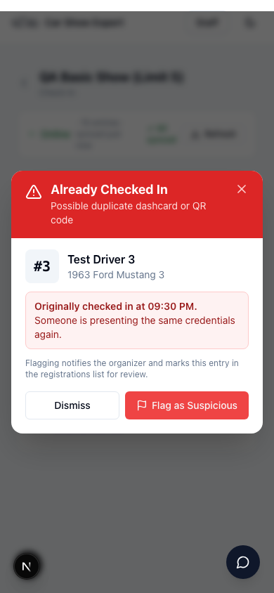 Full-screen Already Checked In alert on a phone, showing the original check-in time and Dismiss and Flag as Suspicious buttons