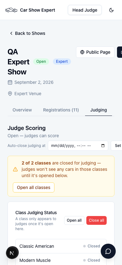 Judging tab on a phone showing the amber '2 of 2 classes are closed for judging' banner above the Class Judging Status card, both classes marked Closed
